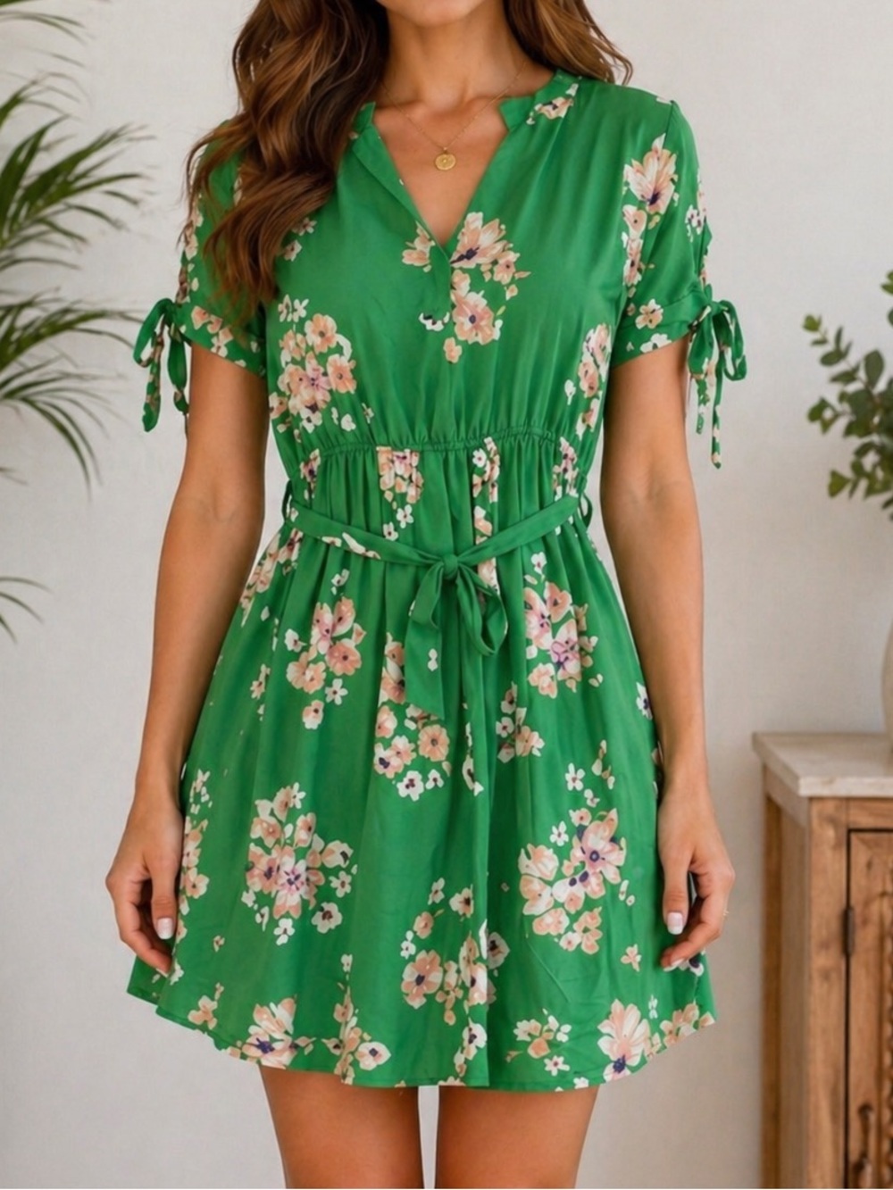 Green Floral Mini Dress Tie Waist Boho Cottagecore Reformation Style